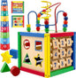 Wooden Activity Play Cube 6 in-1 for Baby with Removable Bead Maze, Shape Sorter, Abacus Counting Beads & Numbers, Sliding Shapes, 8Pcs Stacking Cups – Play22