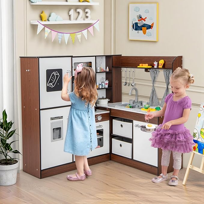 HONEY JOY Corner Kids Kitchen Playset, Wooden Play Kitchen for Toddlers, Range Hood & Stove with Lights and Sounds, Water Circulation, Little Chef Pretend Toy Kitchen Set for Boys Girls, Brown