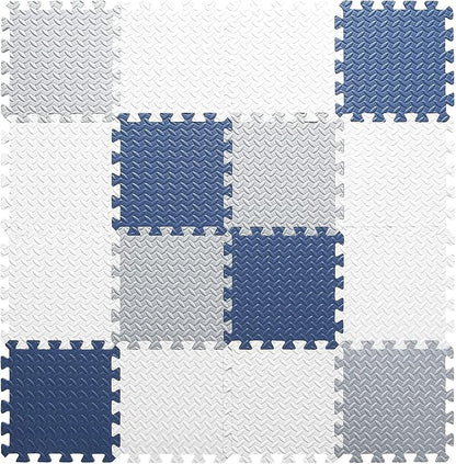 Foam Play Mat for Toddlers, EVA Non-Toxic Interlocking Floor Mats with Solid Colors, Squares Baby Play Mat, EVA Foam Floor Mat Foam Mats for Kids, Baby, 16 Tiles(White/Light Gray/Dark Blue)