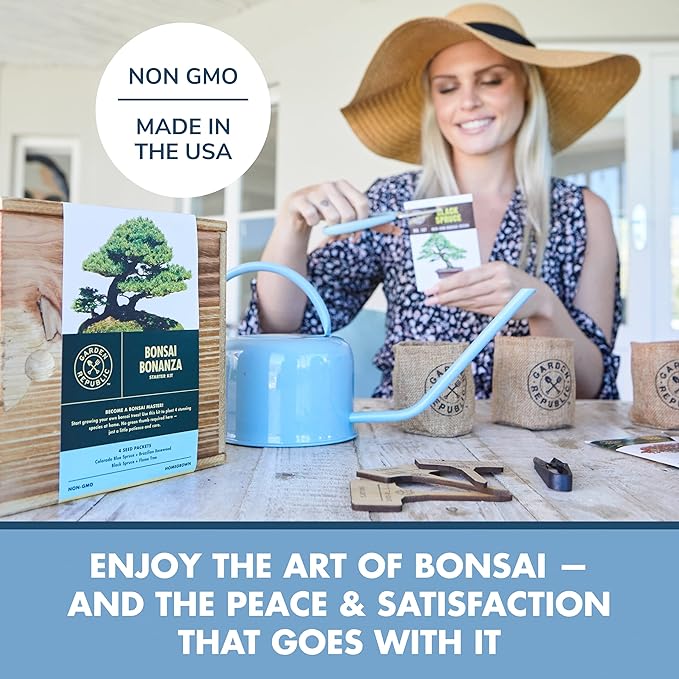 Garden Republic Bonsai Tree Kit - Mini Bonsai Seeds, 4 Types - Seed Starter Plant Growing Kit - Potting Soil Jute Bags Pruning Shears Scissor Tool Plant Markers - Gardening Gifts