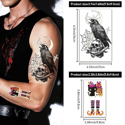 39PCS Glow in The Dark Halloween Temporary Tattoos Adult Kids, 9PCS Realistic Half Sleeve Pumpkin Bat Crow Skull Fake Tattoos, 30PCS Luminous Spider Cat Ghost Tiny Face Body Stickers Party Supplies