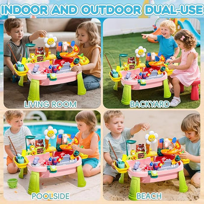 2026 Upgraded Toddler Sand Water Table Toy with Electric Water Pump, Kids Sand Water with Faucet/Play Food Accessories/Fishing Toy, Kitchen Play Sink Toys for Girl Boy Age 3+ (Pink)