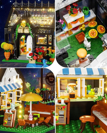 Flower House Building Set, Coffee Shop Outdoor Parasol and Piano Building Kits with Lights, Greenhouse Model Halloween for Girls, Home Decor Office Coffee Bar Display