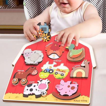 Wooden Montessori Farm Puzzles for Toddlers 1-3 – Interactive Sensory Animal Toys with Textures & Sound -Educational Puzzle & Baby Gifts for Fine Motor Skills & Autism Friendly (8 Puzzles)