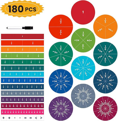 180pcs Magnetic Fraction Tiles & Fraction Circles Manipulatives - Montessori Magnetic Fractions for Kids - 3rd 4th 5th Grade Fraction Manipulatives Class Set - Makes Learning Fractions Fun & Easy