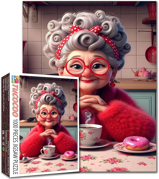 Grandma in Retro Kitchen Puzzles for Adults 1000 Pieces Coffee and Donut Jigsaw Puzzles for Game Nights Granny Jigsaw Puzzle for Challenging Family Activity Game DIY Craft Puzzle Home Decor Gifts