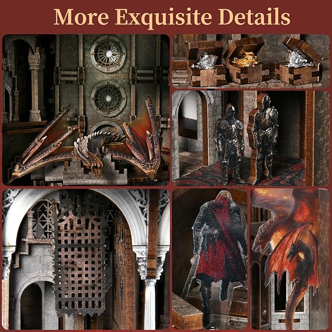 Book Nook Kit, DIY Miniature Dollhouse Booknook Kit, 3D Wooden Puzzle Bookend Bookshelf Insert Decor with LED Light for Teens and Adults (Ember Castle)