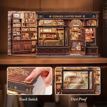 CUTEBEE Book Nook Kit, DIY Miniature House Kits for Adult and Teens, Dollhouse Booknook Tiny House, Bookshelf 3D Wooden Puzzle, DIY Craft Gifts for Family and Friends (Corner Coffee Shop)