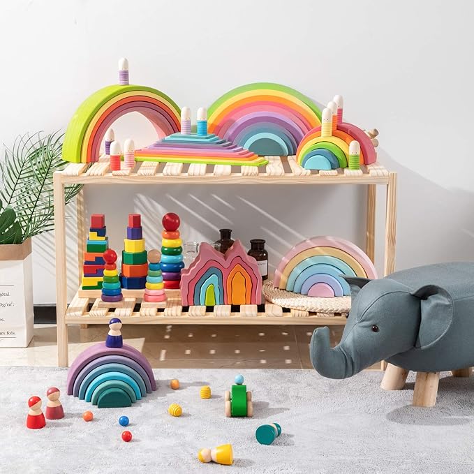 Wooden Pastel Semicircle Stacker Toys, 11Pcs Semicircle Pastel Rainbow Stacking Puzzle, Rainbow Building Blocks Board Set for Kids, Learning Creative Thinking Toys