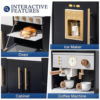ROBOTIME Wooden Play Kitchen for Toddlers and Kids, Toy Kitchen Set with Ice Maker and Coffee Machine, Realistic Toddler Kitchen Set, Gift for Girls Boys Ages 3+
