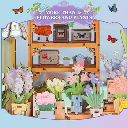 MOMIBOOK Book Nook Kit, 440 PCS DIY Miniature Dollhouse Kit for Adults, 3D Wooden Mini Puzzle Booknook Bookend Bookshelf Decor, Tiny House Model, Christmas Birthday Gifts, Fragrance Florist