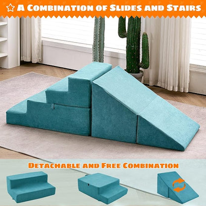 jela Toddlers Climbing Toys Indoor, Toddler Indoor Playset, Safe Soft Foam Climbing Blocks with Slide Stairs, Climbing Toys for Toddlers Luxury Miss Fabric, Soft Couch Slide (Lightblue)
