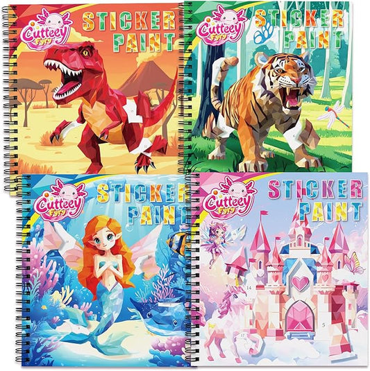 4PCS Paint by Number Sticker Book Travel Activities Toys for Girls Boys Kids Ages 4-10 Road Trip & Airplane & Long Car Rides, Birthday Present, Preschool Classroom Party Gifts
