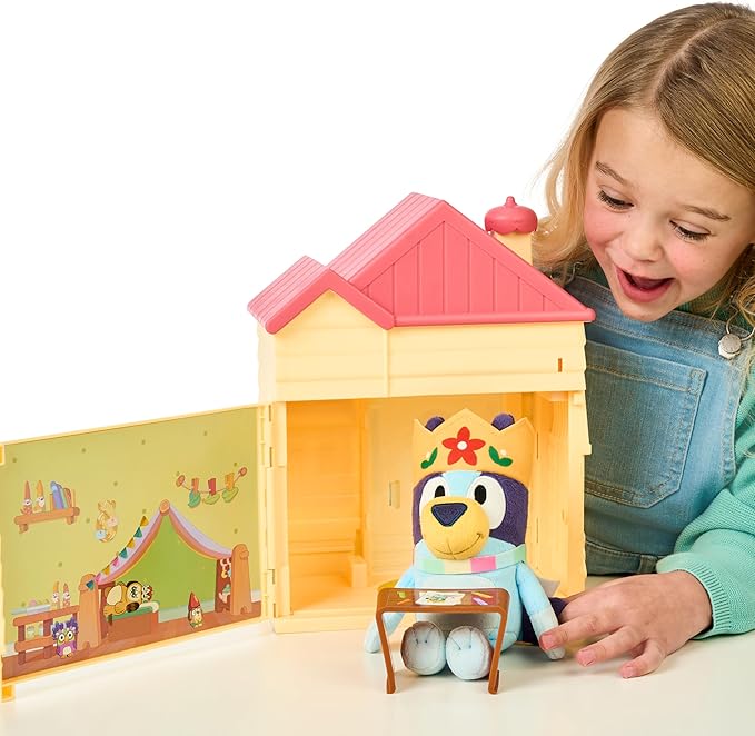 Bluey Play Date Plush Surprise, Decorate House with Stickers, Attach The Play Time Sign, Then Open The Door for a Surprise to Appear, Style May Vary
