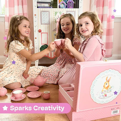 Jewelkeeper Tea Set for Little Girls - 14-Piece Porcelain Tea Party Set for Children Includes Teapot, Cups, Saucers, Creamer, and Sugar Bowl - Pink Polka Dot Design