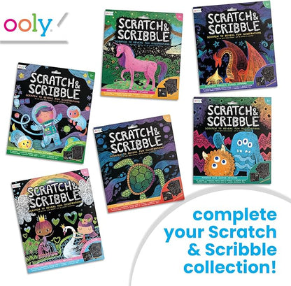 Ooly Scratch & Scribble 10pc Art Kit with 8 Total Scratch Cards (4 Illustrated, 2 Blank, 2 Rainbow) with Scratching Tool and Sparkled Stickers, Art Set Gifts for Kids - Colorful Safari