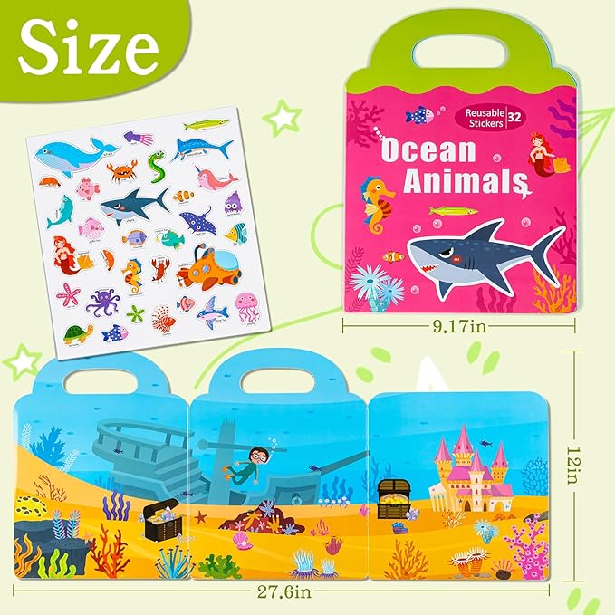 Magnetic Portable Playboard Ocean Animal Reusable Sticker Book for Toddler, Refrigerator Magnet Educational Learning Toys Travel Stickers Activity Books for Kids Girls Boys Age 3+ Birthday Gifts
