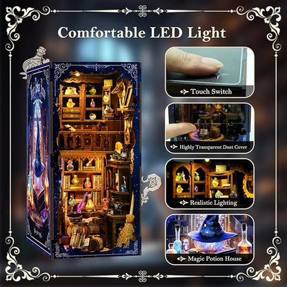 DIY Book Nook Kit Wooden Miniature Magic Potion House Kit 3D Wooden Bookends Miniature House Book Nook Kit for Adults Bookshelf Insert Decor with LED Lights Wood Crafts
