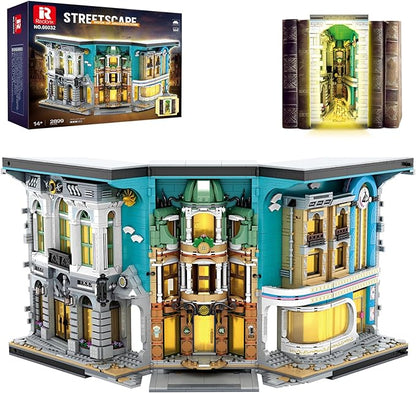 Reobrix Book Nook Building with Light, Streetscape BookNook Building Kit 66032 for Bookshelf&Home Decor, 2899 PCS Bookend Model Toy, Gift for Kids Adults Boys Girls Age 14+