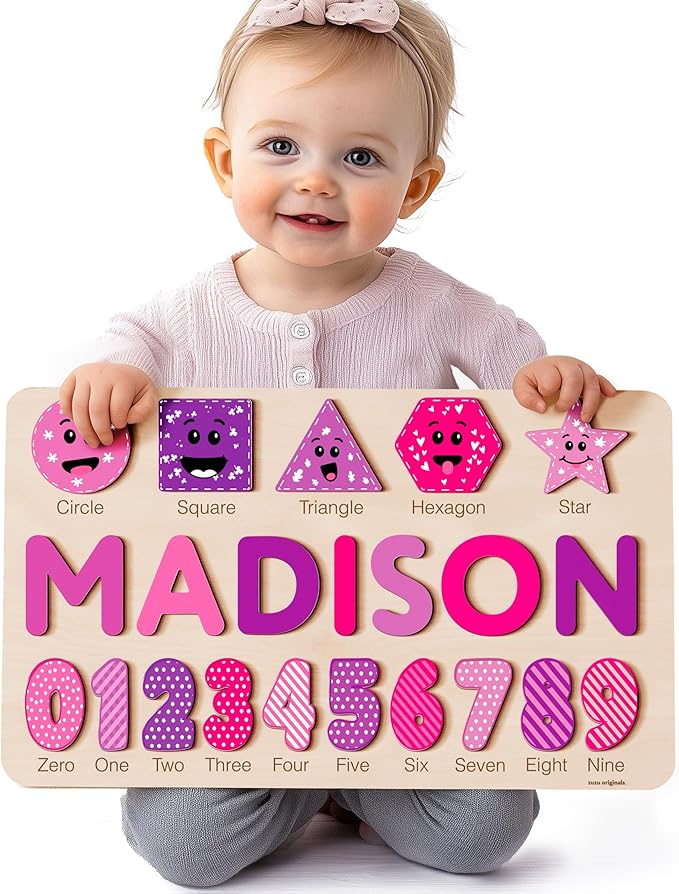 Custom Handmade Name Puzzle with Shapes, Numbers and Names, Personalized Birthday Gift for Kids, Christmas Gifts for Toddlers, Unique New Baby Gift, Wooden Montessori Toy