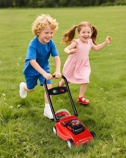 Kids Lawn Mower with Realistic Grass-Cutting Action and Sounds – No Batteries Required | Fun Outdoor Push Toy, Birthday Gift & Halloween Present for 3, 4, 5, 6, 7, 8 Year Old Boys and Girls (Red)