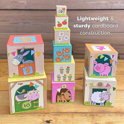 HABA On The Farm Stacking & Nesting Cubes – 10-Piece Montessori Toys for Toddlers, Award-Winning Educational Stacking Toy & Farm-Themed Blocks
