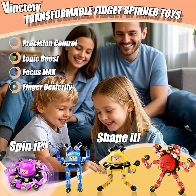 8Pcs Transformable Fidget Spinners for Kids Fidget Toys Teens Adults Sensory Toys with Autism ADHD Stocking Stuffers Bulk Gifts for Boys Girls Party Favors Travel Activities A