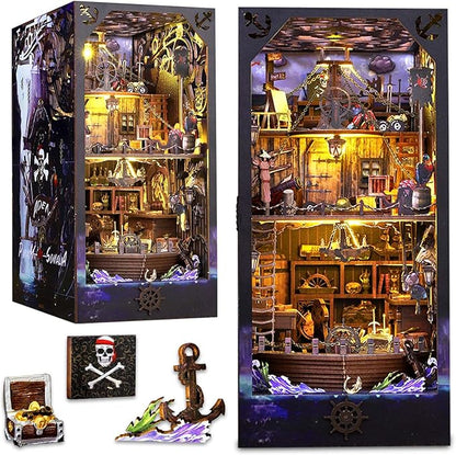 Book Nook Kit Pirate Ship Aden, DIY Miniature Book Nook Kits for Adults, 3D Wooden Puzzle Bookshelf Insert Decor with Sensor LED Lights, for Men Teens Family