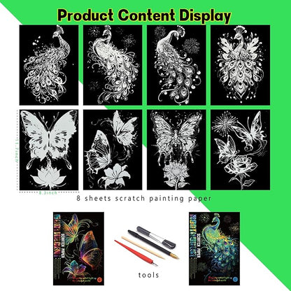 Scratch Paper Art for Adults-Glow in The Dark Scratch Painting Craft Kit (8 Sheets A4)|Foil Engraving Art Set|Stress Relief Gift for Craft Lovers|Creative Scratch Art Home Decor(Butterfly&Peacock)‌