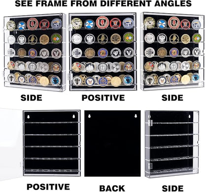 Coin Holder, Challenge Coin Display, Acrylic Military Coin Display Case with Removable Shelves and Magnetic Door, Fits 45 Military Medals Poker Chip Pins Badges, for Casino Poker Chips Collectibles