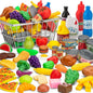 55 Pcs Grocery Store Pretend Play Food Set with Shopping Basket for Kids Toddlers 1-3 4-8, Kids Play Kitchen Accessories Plastic Fake Food Fruits and Vegetables Can Toy Gifts for Boys Girls