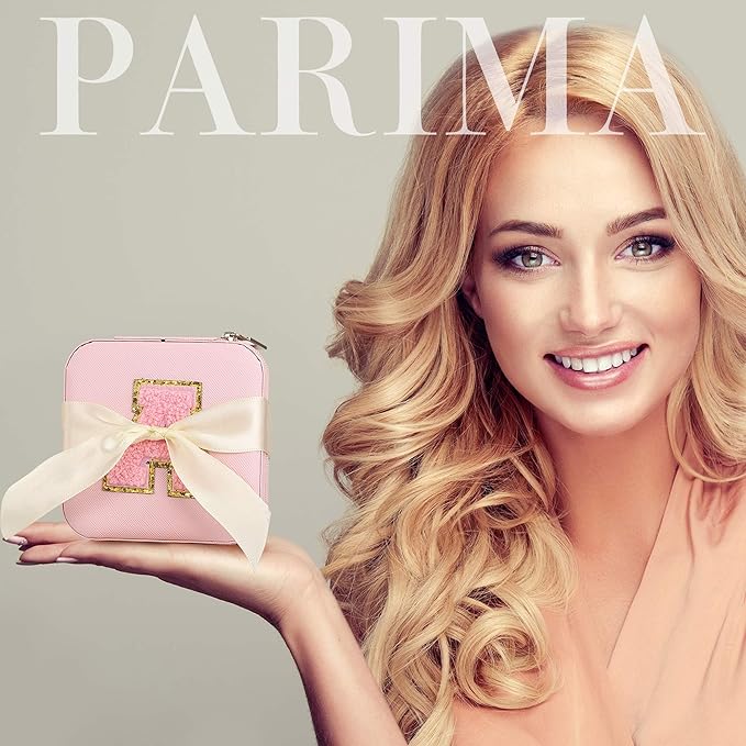 Parima Initial Jewelry Box for Women Girls, Pink Jewelry Travel Case | Chenille Letter Patches Jewelry Box | Multifunctional Personalized Travel Jewelry Case | Birthday Gifts - Letter D, Pink