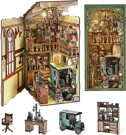Book Nook Kit, DIY Miniature Dollhouse Book Nook Kit with Dust Cover and LED Light-The Radium Lady