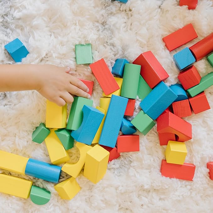Melissa & Doug Wooden Building Blocks, 100-Piece Set of Sorting & Stacking Toys in 4 Colors and 9 Shapes, Classic Toddler Toys for Girls & Boys Ages 2+ - FSC Certified