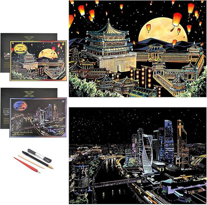 Scratch Rainbow Painting Art Paper,Scratch Art Crafts Set for Adults&Kids,Scratch Painting DIY Creative Gift with 4 Tools,16''x11''(Ancient China&Moscow CBD)