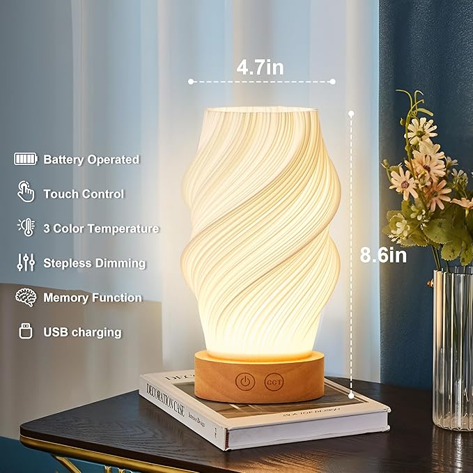 Cordless LED Table Lamp Set of Two, Battery Operated Portable Desk Lamp, 3 Color & Dimmable, Modern Rechargeable Table Light for Living Room,Bedroom,Bedside, White, 8.6inch