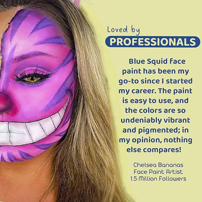 Blue Squid PRO Professional Face Painting Kit - 12 Color Palette with 2 Brushes, Face & Body Paint Kits for Adults & Kids - Safe & Washable SFX Makeup for Parties & Halloween Makeup