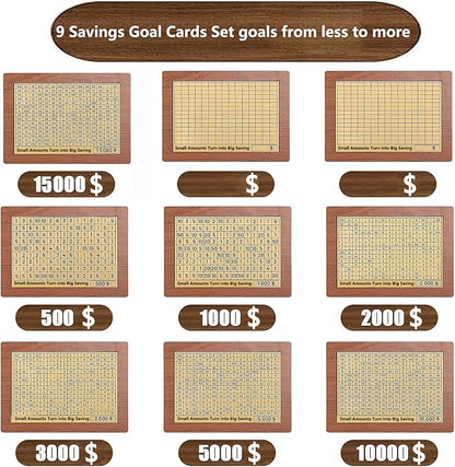 Cash Vault Wooden Savings Box 10000 5000 15000 3000 2000 1000 500 Cash Box with 2 Blank Savings Tracker, Official Save Box $10000 Brown