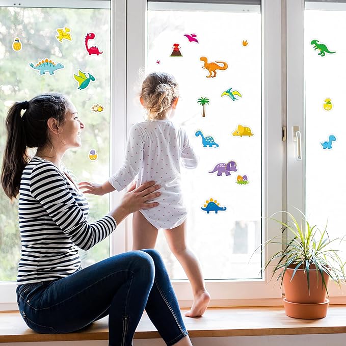 40 PCS Dinosaur Thick Gel Clings Dinosaurs Window Gel Clings Decals Stickers for Kids Toddlers and Adults Home Airplane Classroom Nursery Winter Dinosaurs Party Supplies Decorations Removable and