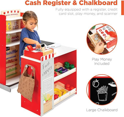 Best Choice Products Pretend Play Grocery Store Wooden Supermarket Toy Set for Kids w/Play Food, Chalkboard, Cash Register, Working Conveyor - Red