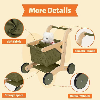 Kids Shopping Cart & Wooden Baby Walker – Baby Doll Stroller for Toddlers 1-3, Push Toy Walker, Montessori Toddler Walking Toy & Baby Shopping Cart – Durable Toddler Walker Push Toy