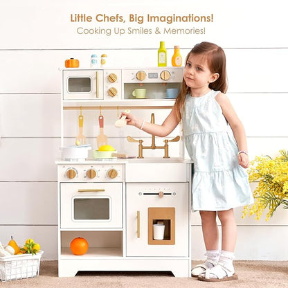 Wooden Play Kitchen for Kids with Ice Maker — Small White Pretend Kitchen Set with Sink, Stove, Oven & Microwave, Utensils and Storage, Montessori Role-Play Toy, Gift for Toddlers Ages 3+