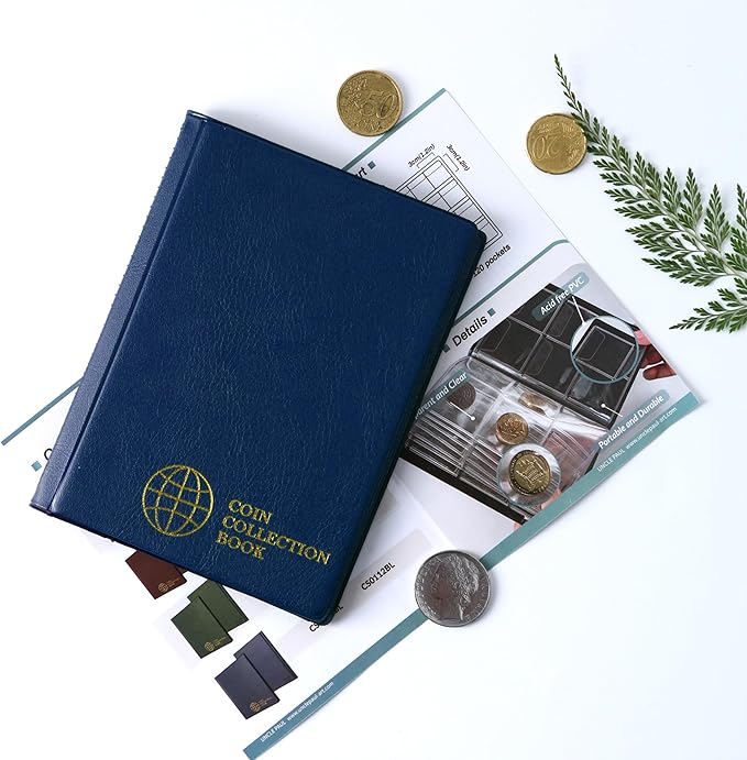 Coin Collection Album 60 Pockets - 4.5x4.5cm/1.8x1.8 inch Coin Holder Book Coin Storage Album Money Penny Pocket for Collectors Blue CS0106BL