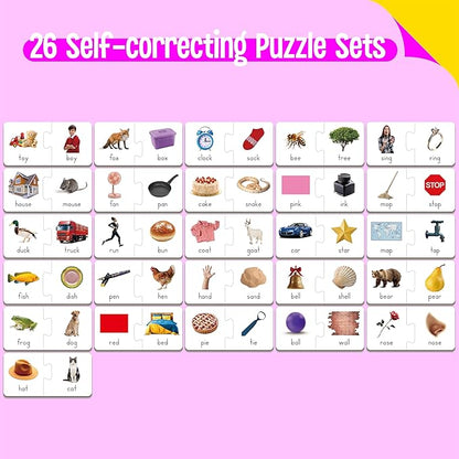 Rhyming Puzzles, 26 Groups Rhyming Word Cards Phonics Matching Game Self-Correcting Puzzle Early Childhood Learning Card for Kindergarten Preschool