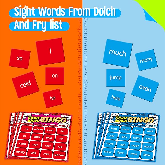 Sight Word Bingo Game, 144 Sight Words Learn to Read Level 1 & Level 2 Bingo Board Game Dolch & Fry Words Lists for Kindergarten, Classroom, Home, Grade 1st, 2nd, Kids 4-8 (2-40 Players)