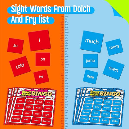 Sight Word Bingo Game, 144 Sight Words Learn to Read Level 1 & Level 2 Bingo Board Game Dolch & Fry Words Lists for Kindergarten, Classroom, Home, Grade 1st, 2nd, Kids 4-8 (2-40 Players)