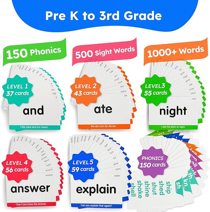 BenBen 650 Sight Words & Phonics Flash Cards, Learn to Read CVC, Blends, Long Vowel Sounds, Dolch & Fry High Frequency Site Words for Pre-k Kindergarten 1st 2nd 3rd Grade Kids Ages 3-9