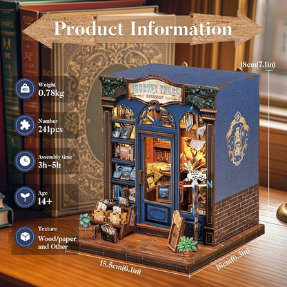 Fsolis Book Nook Kit, DIY Miniature Scene House Kit for Adults and Beginners Tiny House Mini Bookshop Model Bookshelf 3D Puzzles Nook Decor Gifts for Women Teenagers (Journey Trace Bookshop)
