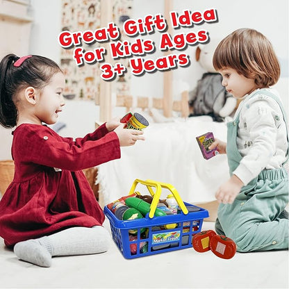Small World Toys Kids Grocery Basket Play Food Set, Pretend Food Kids Shopping Basket Toddler Playset, 32 Pcs Grocery Food Play Kitchen Accessories, Educational Toddler Toys for Girls & Boys