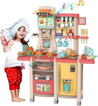 SANDINRAYLI Kids Kitchen Playset,65Pcs Play Kitchen Sets for Kids Ages 4-8, Large Play Kitchen for Toddlers 3-5, Kitchen Toys with Running Water, Plastic Pretend Kitchen for Girl & Boy, Pink